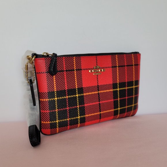 COACH Small Printed Plaid Coated Canvas Wristlet- Red Multi $75.⭐ - Picture 3 of 16